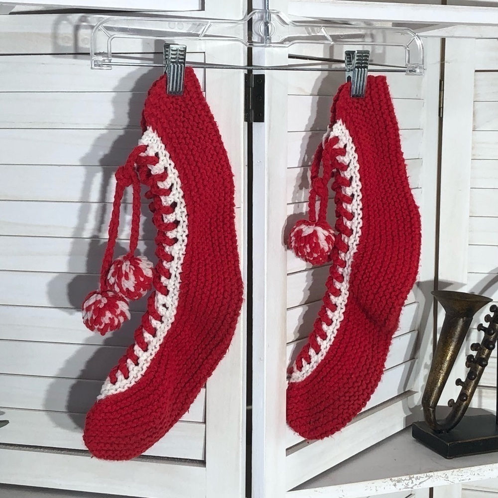 Vintage 70s Hand Knit Wool Socks Red White Pompoms One Size